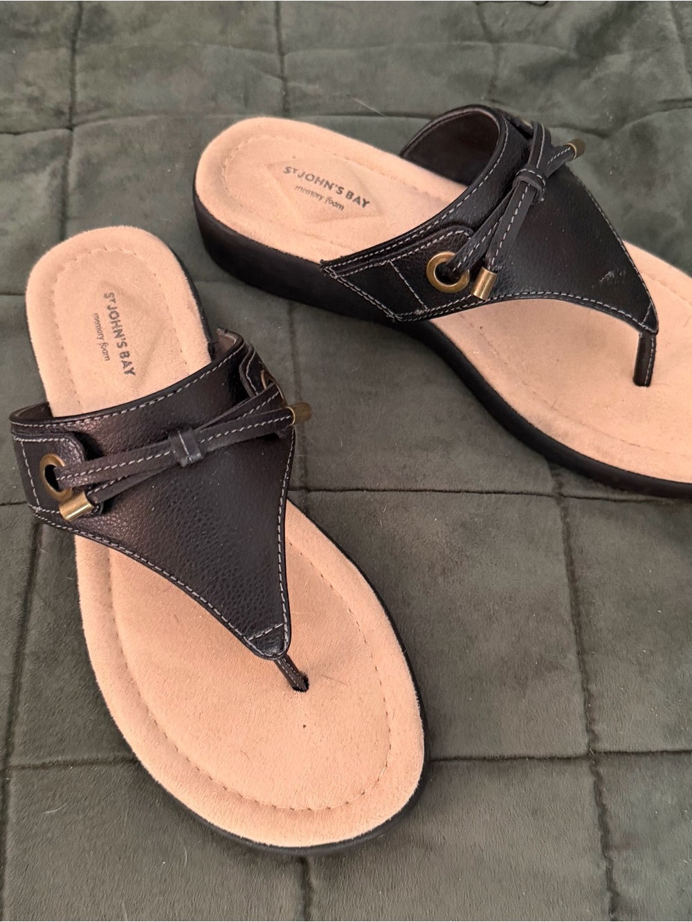 St. John's Bay Black and Beige Thong Sandals with Gold Accents